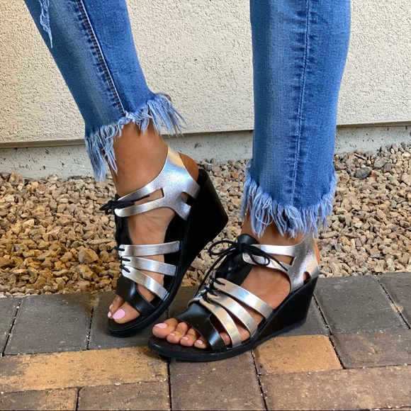 Distressed Leather Lace Up Kitten Wedge Sandal - Picture 11 of 12